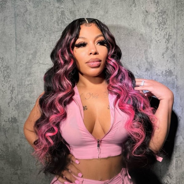 Glueless Wig Pink Highlight Color Strunk Stripe 150% Density Preplucked Human Hair HD Lace Wig 5-7 Days Customize