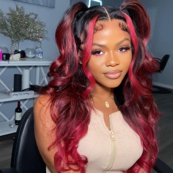 Glueless Wig Red Black Highlight Color 150% Density Wear Go Wig 3-4 Days Customize 100% Human Hair