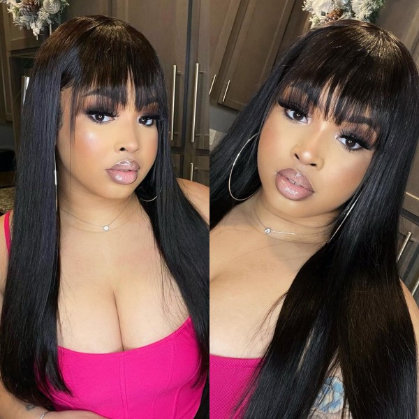 Bangs Fringe Lace Frontal Wig 150% Density Human Virgin Hair