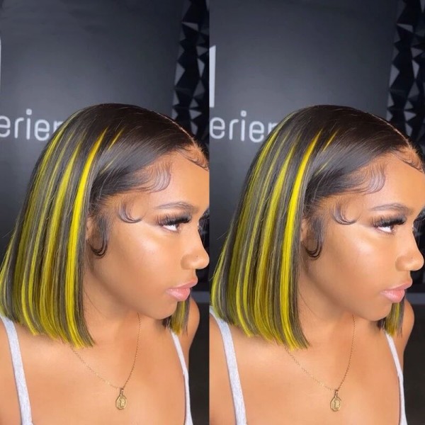 Glueless Wig P1B/Yellow Highlight Color 200% Density HD Lace Bob Wigs Human Hair Wig 5-7 Days Customize