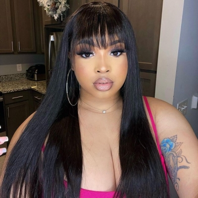 Bangs Fringe Lace Frontal Wig 150% Density Human Virgin Hair