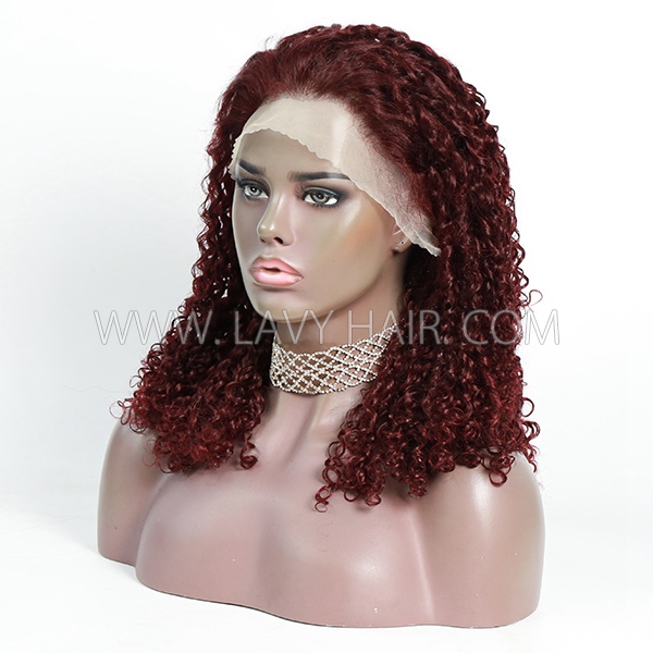 Pixie Curly 250% Density 13*4 Full Frontal Bob Wig #1B #99J #4 Color Thickness Blunt Cut Preplucked Glueless 100% Human hair