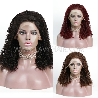 Pixie Curly 250% Density 13*4 Full Frontal Bob Wig #1B #99J #4 Color Thickness Blunt Cut Preplucked Glueless 100% Human hair