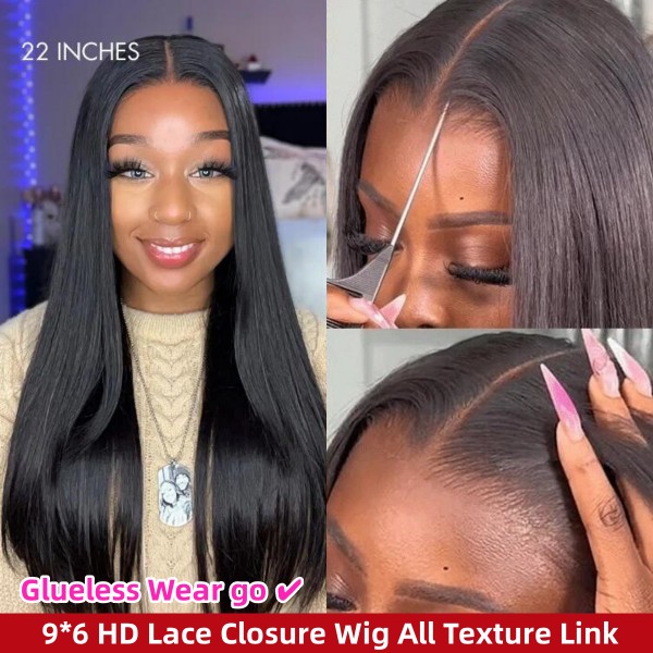 (All Texture Link) Glueless Wear Go Pre Plucked Hairline HD Lace 9*6 Lace Closure Wig 100% Human Hair 150% and 200% Density