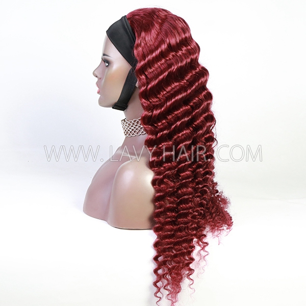 #99J Color Scarf Headband Wig 100% Human Hair Half Wig No Gule Wear Go (3 bundles thickness)