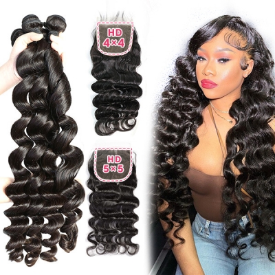 Superior Grade 3 bundles with 4*4 5*5 lace closure Deal loose wave Transparent /HD Lace Virgin Human hair Brazilian Peruvian Malaysian Indian