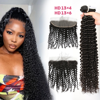 Superior Grade 3 bundles with 13*4 13*6 lace frontal Deal HD Lace and Transparent Lace Deep Curly Virgin Human Hair Brazilian Peruvian Malaysian