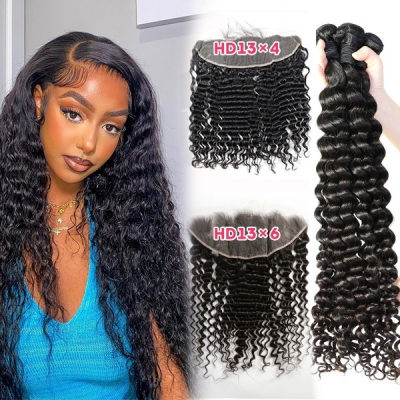 Superior Grade 3 bundles with 13*4 13*6 lace frontal Deal HD Lace and Transparent Lace Deep Wave Virgin Hair Brazilian Malaysian Cambodian Burmese