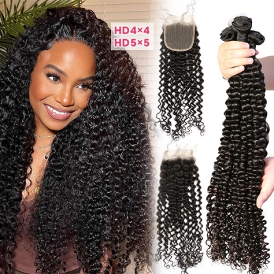 Superior Grade 3 bundles with 4*4 5*5 lace closure Deal Deep Curly Transparent /HD Lace Virgin Human hair Brazilian Peruvian Malaysian Indian