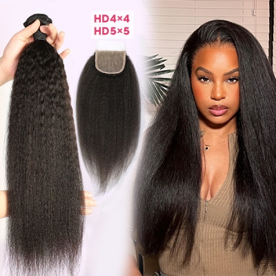 Advanced Grade 3  bundles with 4*4 5*5 lace closure Kinky Straight Transparent /HD Lace Virgin hair Brazilian Peruvian Malaysian Indian