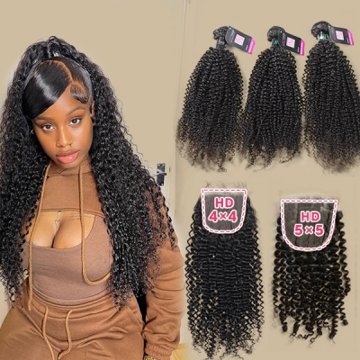 Superior Grade 3 bundles with 4*4 5*5 lace closure Deal Kinky Curly Hair Transparent /HD Lace Brazilian Peruvian Malaysian Indian