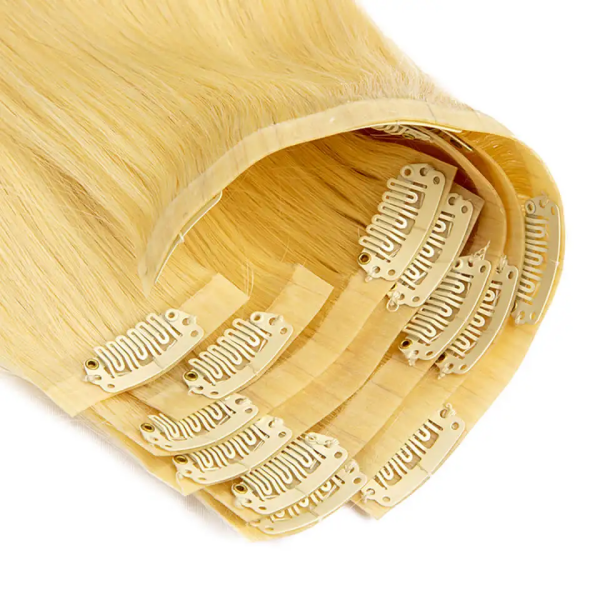 #613 Blonde Color Seamless PU Clip in & Weft Classic Clip in Extensions Human Virgin Hair 8 pcs 120 grams