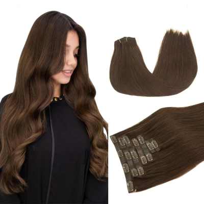 #4 Brown Color PU Clip in & Weft Classic Clip in Extensions Human Virgin Hair 8 pcs 120 grams