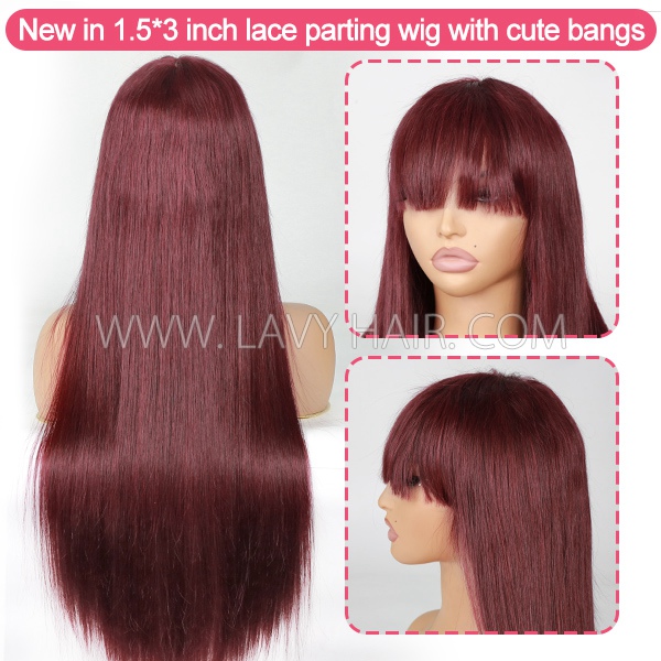 Double Drawn Thick Hair Top to End 250% Density Bone Straight With Cute Bangs 1.5*3 inch Transparent Lace Wigs 100% Human Hair