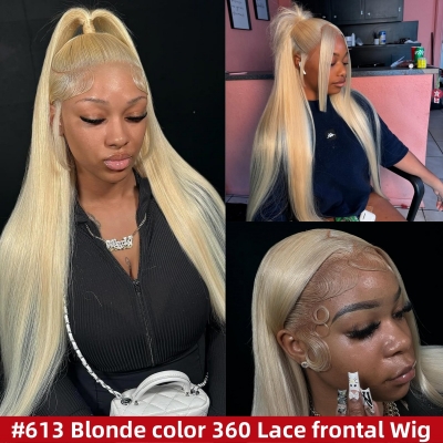 (All Texture Link) 130% and 180% Density 613 Blonde Color 360 Lace Frontal Wigs Ponytail Wig Transparent Lace Human Hair