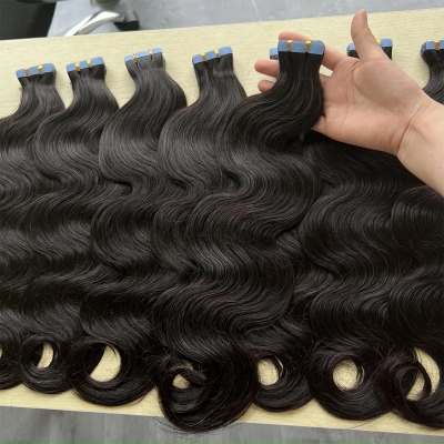 Tape In Hair Extensions (20pcs/50g/1 Pack) 3 Packs Get Free Replaceable Tape Glue Advanced Grade 12A Human Virgin Hair #1B Natural Color
