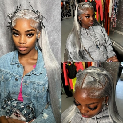 Glueless Wig Grey Color 150% Density Wear Go HD Lace Full Frontal Wigs Human Hair