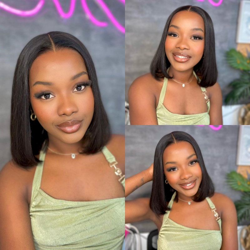 (All Texture Link) 200% Density Thickness Short Bob Wig Blunt Cut Preplucked Glueless 100% Human hair Wear Go