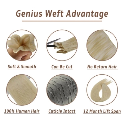 Invisible Genius Weft 14A Grade Highlighted Color Human Virgin Hair Extensions Sewing In 16-28 inches Hand-Tined Hair Weave Natural Straight
